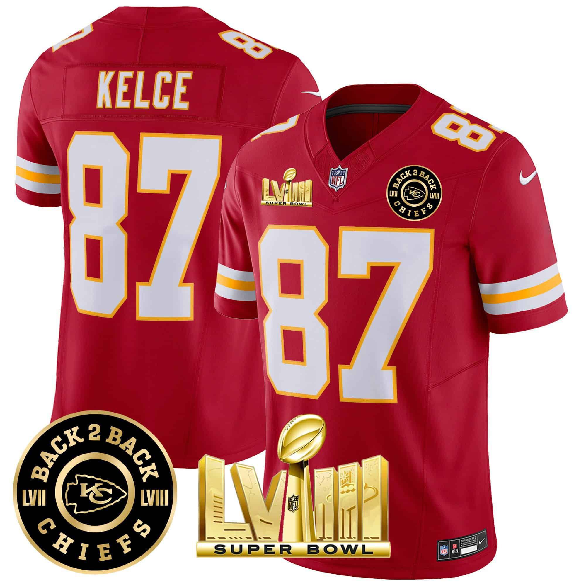 Men Kansas City Chiefs #87 Kelce Red 2024 Nike Super Bowl LVIII & Back-2-Back Patch Vapor NFL Jersey style 3